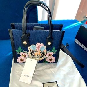 Gucci Tiger Pearl Tote Embroidered Denim Bag- Authentic